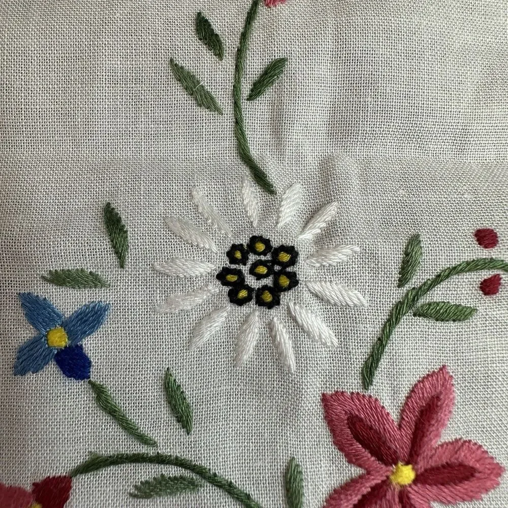 Vintage Hand Embroidered Table Runner White Cotton Floral Hemstitched 34x15.5